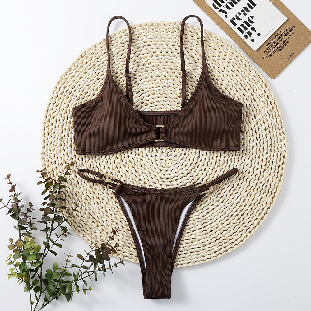 Solid Color Ribbed Bikini Set for Women