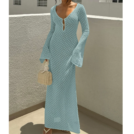 V-neck Hollow Sexy Knitted Long Sleeve Dress