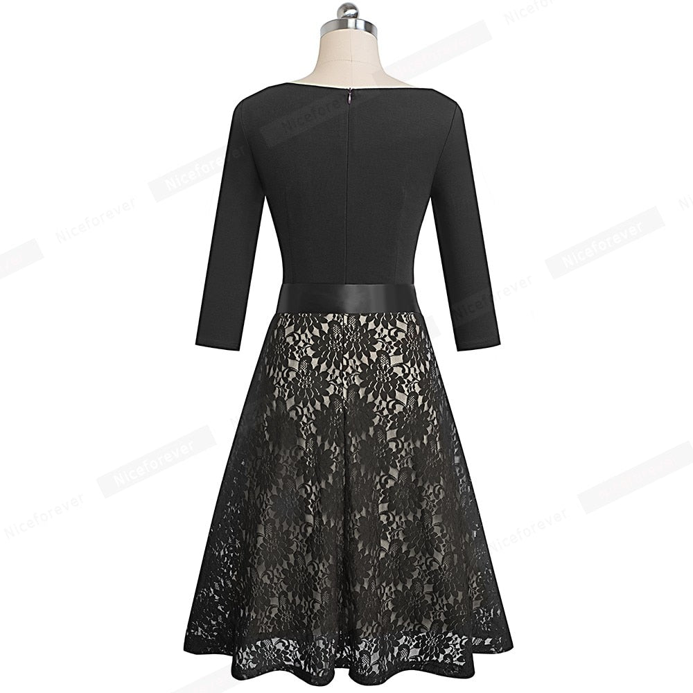 Retro Vintage Lace Patchwork with Sash Dresses Cocktail Party Flared Women Dress