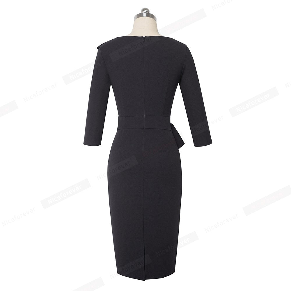 Pure Color with Bow Peplum Dresses Formal Business Bodycon Autumn Women Dress